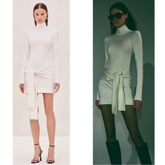 ALEXIS Tracee Long Sleeve High Neck Drape Twist Tie White Mini Dress Size XS - Picture 2 of 14